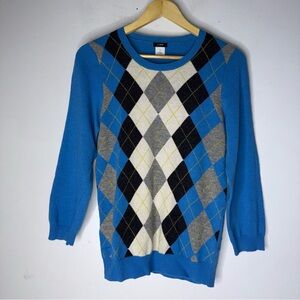 j crew‎ argyle sweater classic Diamond Pattern Blue Grey White Medium Wool Blend